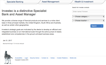 home page of Investec.com showing is tabs (areas of operation)