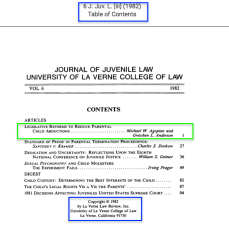 J. Juv. L. Vol. 6 (1982), TOC showing Agopian/Anderson is leading (p.1) article and establishing which College of Law published the journal. (the College became a "University" just four years later).