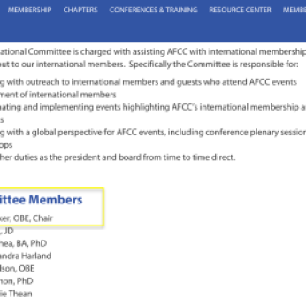 Janet Walker,OBE (2010ff)is AFCC Member, FCR Editorial Board, Stanley Cohen 2005 awardee, Chair of its Int'l Committee -- AND referenced in FamilyInitiative'org'UK (Voices in the Middle)